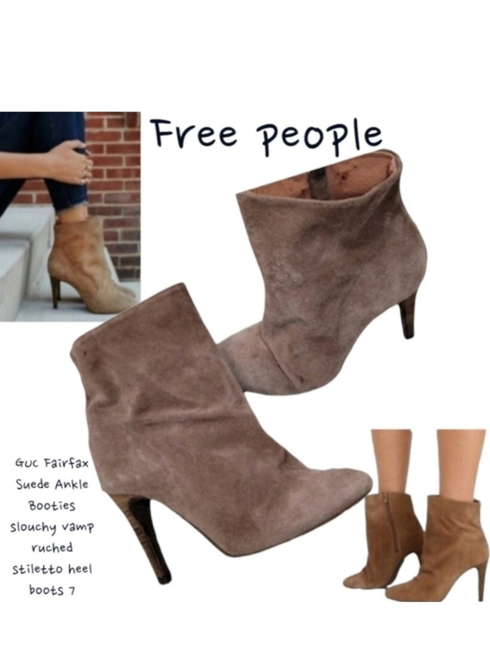 Free people Women Fairfax Suede Ankle Boots slouchy vamp ruched stiletto heel 7